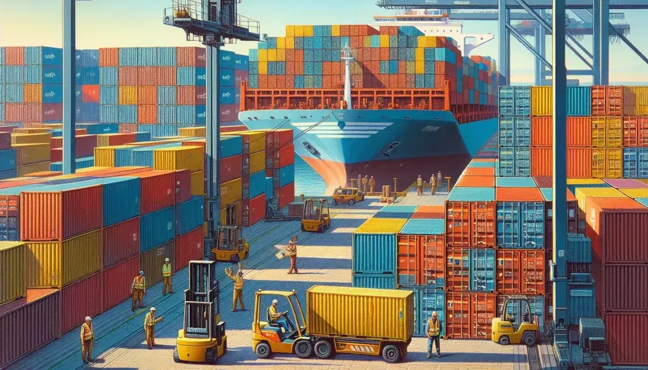 Busy Spanish port with multicolored shipping containers, dock workers operating machinery, and a cargo ship docked under a clear blue sky.