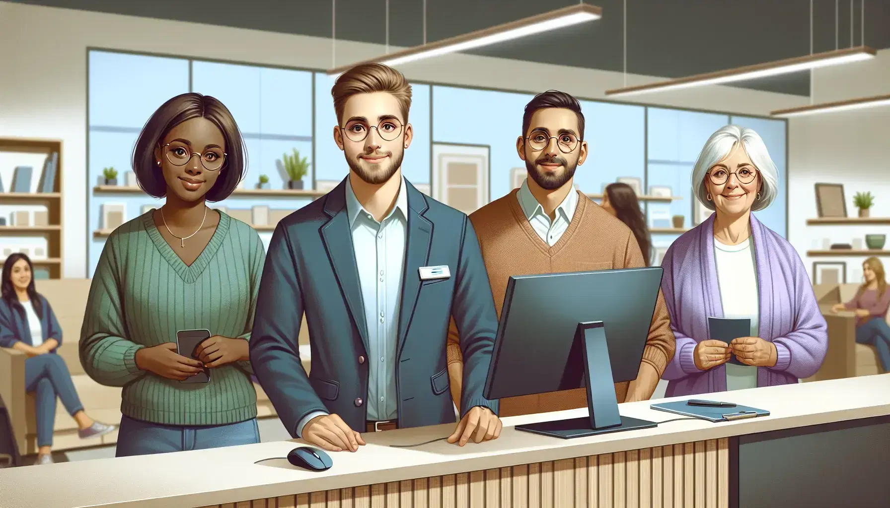 Customer service representative in blue attire assists diverse clients with electronics and inquiries at a well-lit modern office counter.