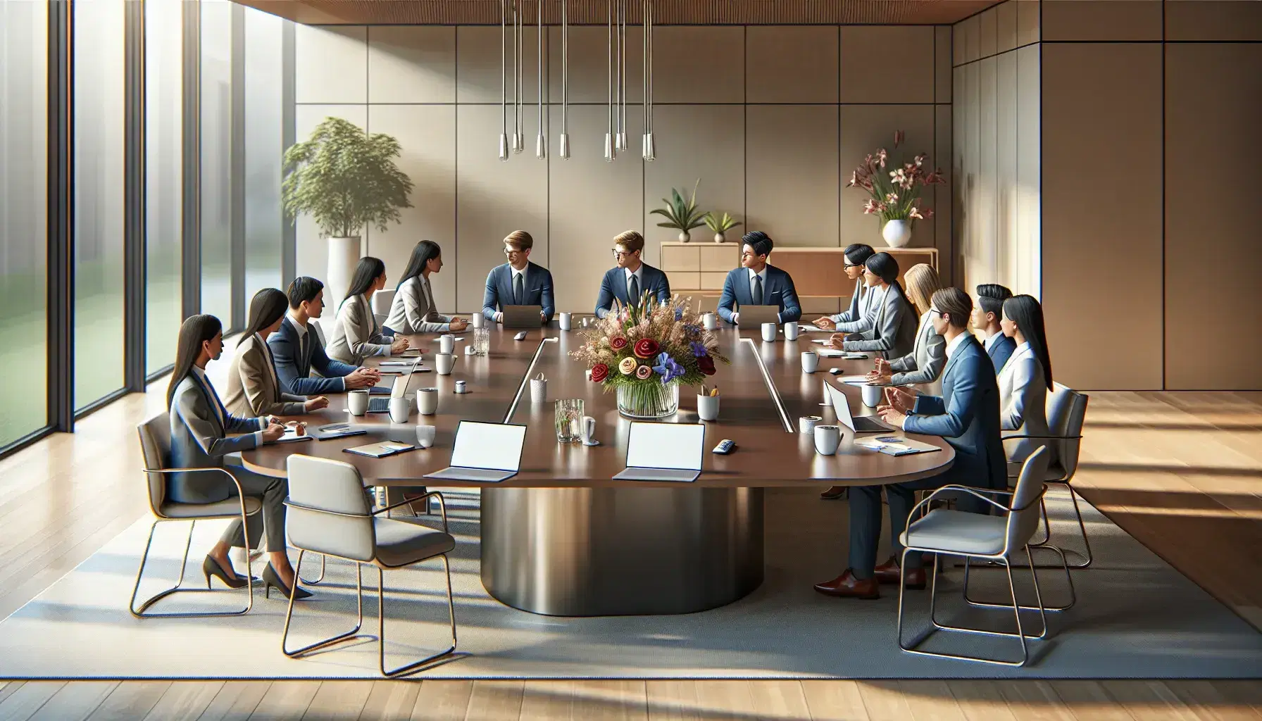 Diverse team in business attire engaged in a meeting around a mahogany conference table with laptops, mugs, and a floral centerpiece in a bright office.