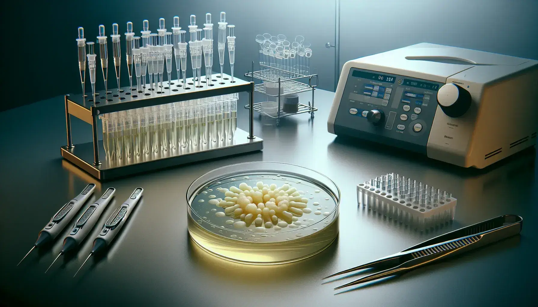 Laboratory workbench with petri dish showing bacterial colonies, micro-pipettes in a stand, a digital microcentrifuge, and sterile pipette tips.