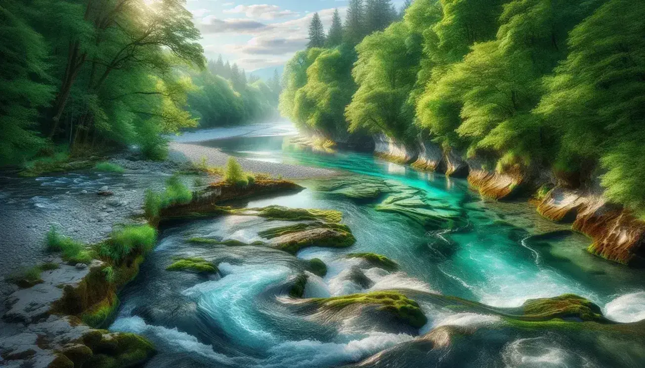 Fiume tortuoso con acque turchesi tra foreste, rocce muschiose e schiuma bianca, riflesso di alberi e cielo azzurro.