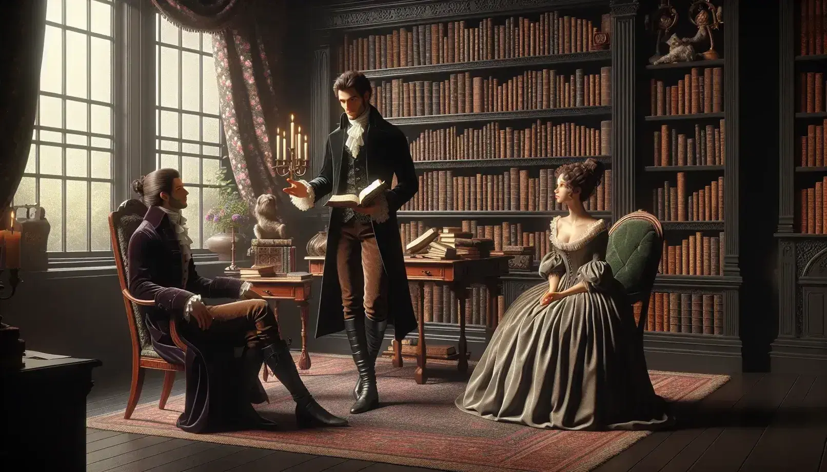 Escena del siglo XIX con tres personas en vestimenta de época romántica, un hombre de pie leyendo un libro y dos oyentes atentos en una habitación clásica con estantería de libros y alfombra persa.