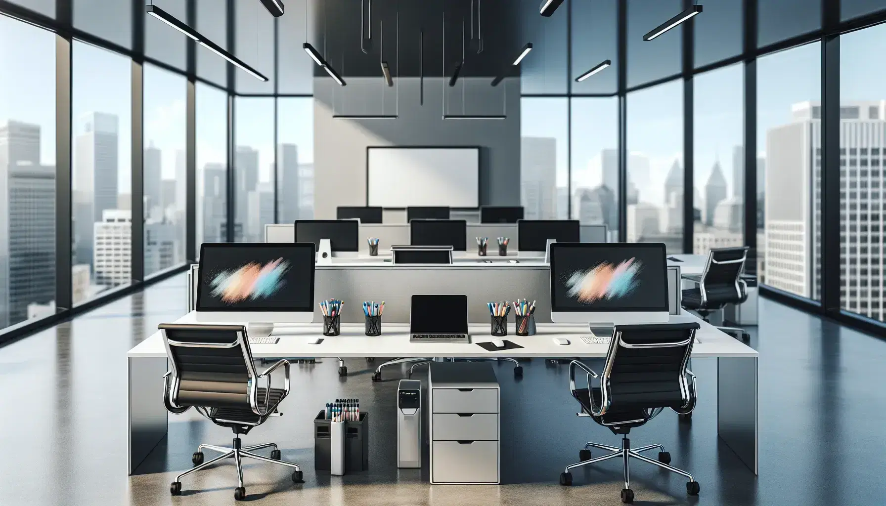 Modern and bright office with three workstations, silver laptops, black ergonomic chairs and white board, city view without writing.