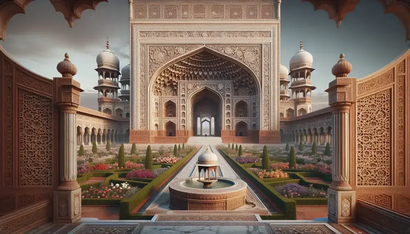 Majestic Mughal architecture gateway with intricate carvings, white marble inlays, leading to a symmetrical garden and a white marble domed building.