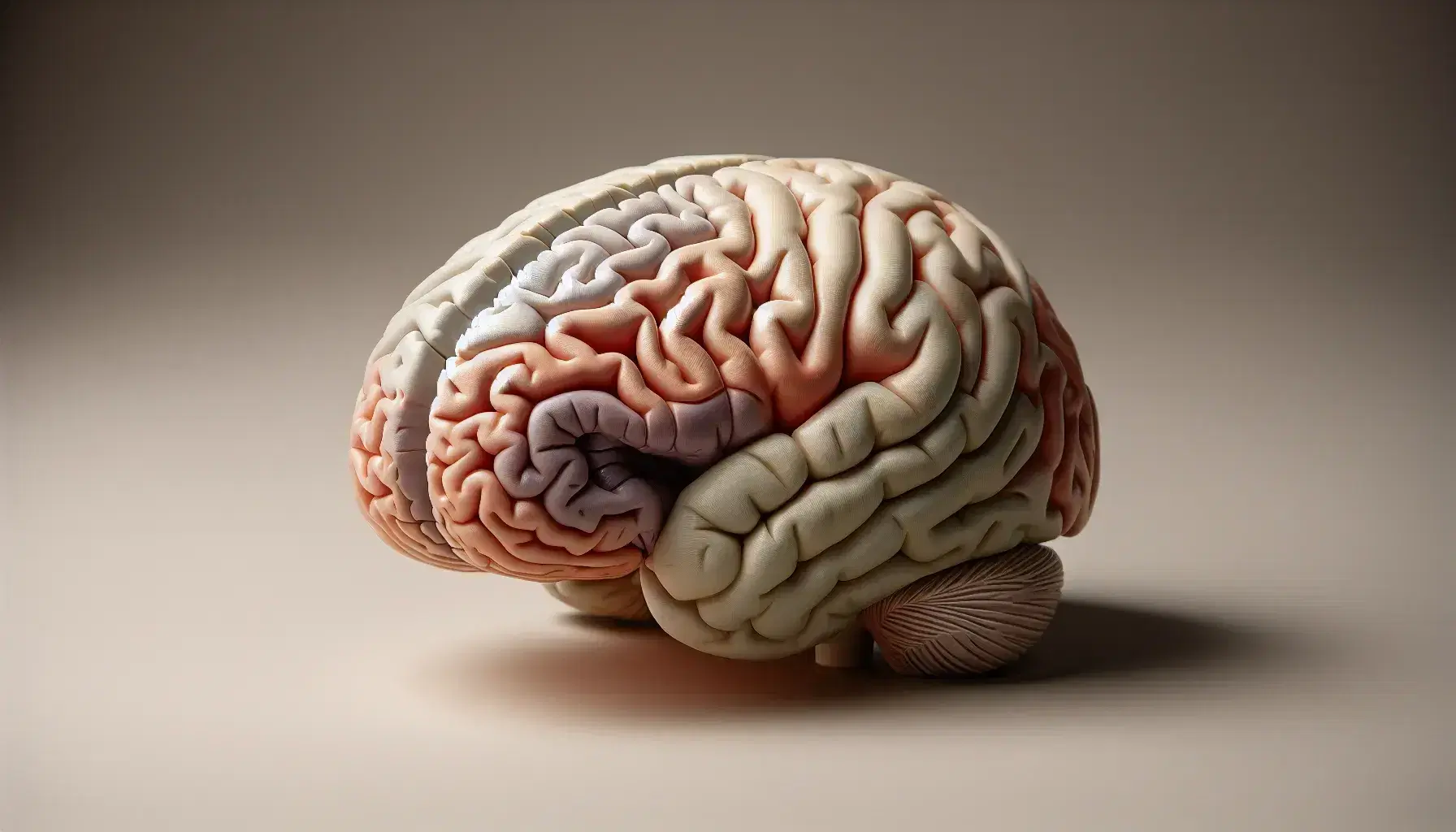 Sagittally sectioned human brain model showing internal details such as hippocampus, amygdala and thalamus on a neutral background.
