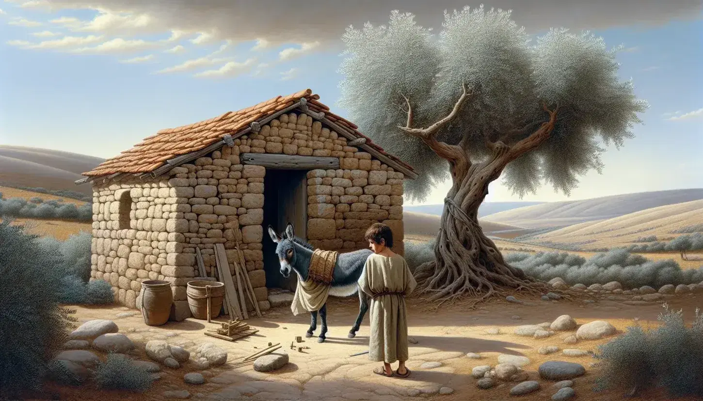 Casa antica in pietra con tetto in terracotta e ulivo accanto, ragazzo che lavora il legno e asino grigio in primo piano, paesaggio galileo sereno.