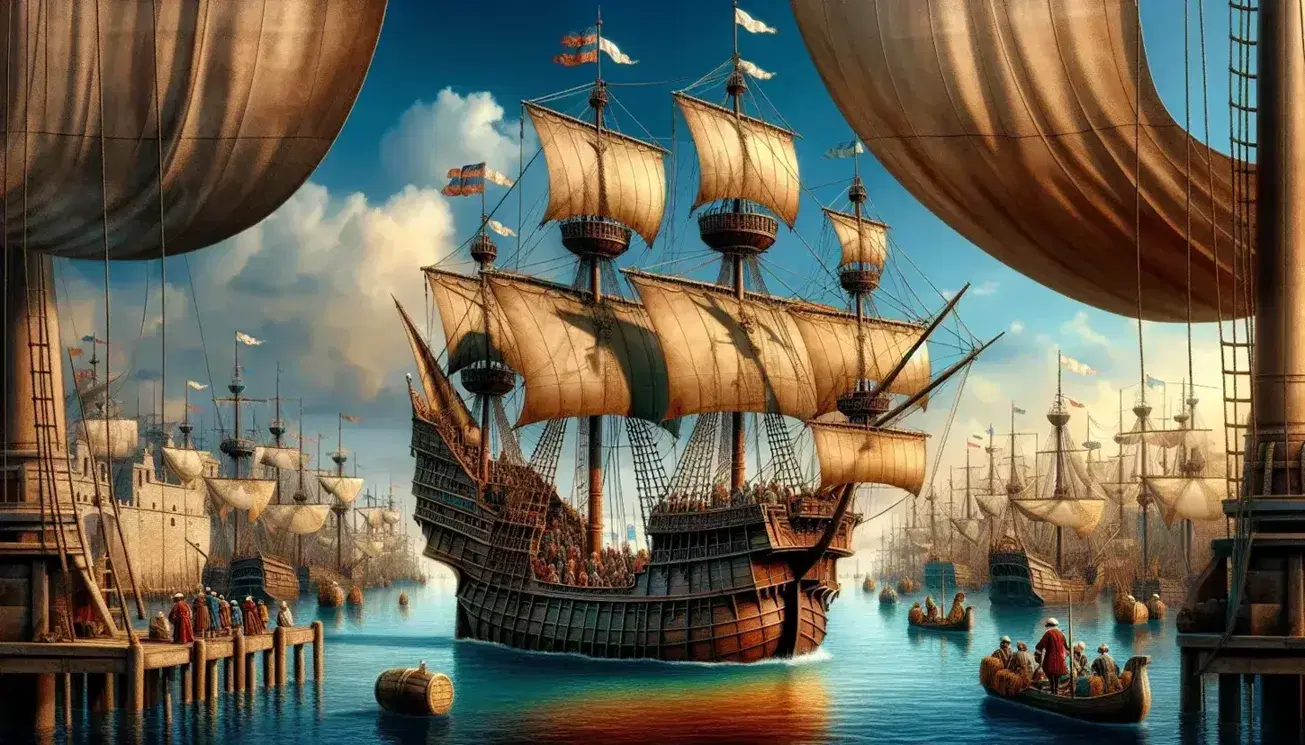 Replica di caravella del XV secolo in un porto dell'epoca delle scoperte, con vele spiegate, riflessi acquatici e figure in abiti storici.
