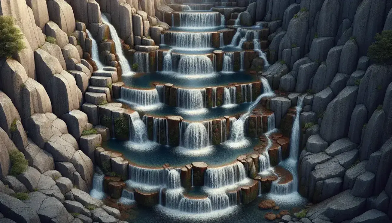 Stepped waterfalls with crystal clear waters flowing over mossy rocks among coniferous trees, reflection of blue sky in serene pools.