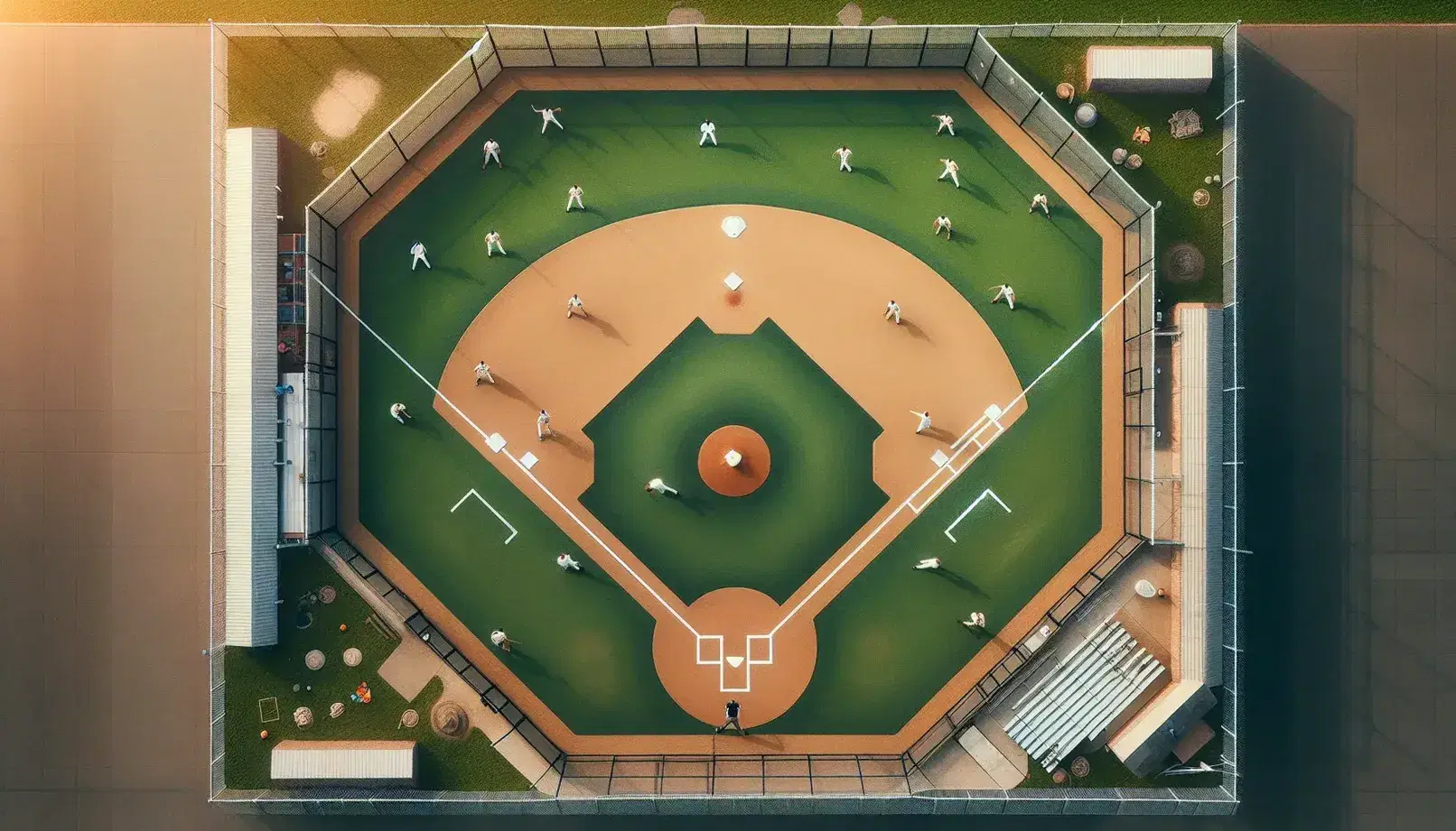 Vista aérea de un campo de béisbol con jugadores dispersos, diamante de tierra marrón claro, bases blancas, césped verde intenso y cielo azul claro.