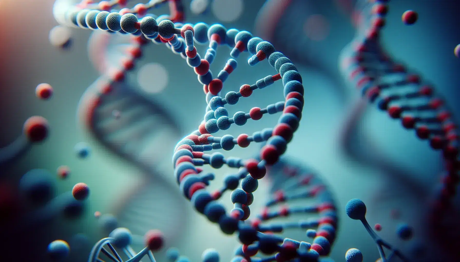 Estructura detallada de una doble hélice de ADN en 3D con bases en azul y rojo y enlaces de fosfato y azúcar en gris, sobre fondo desenfocado de laboratorio.