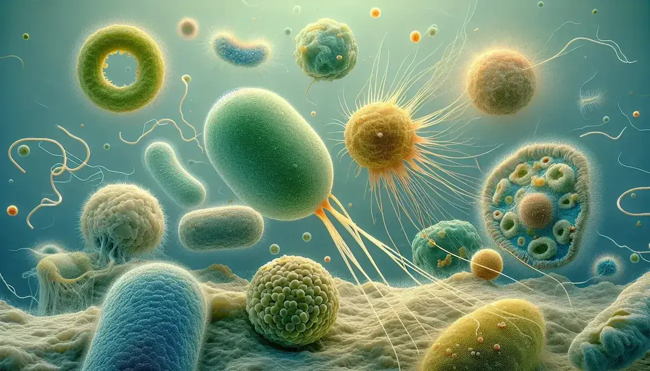 Vista microscópica de protistas variados, con un organismo esférico verde y flagelos, rodeado de protistas con cilios y texturas granuladas en tonos azules y marrones.