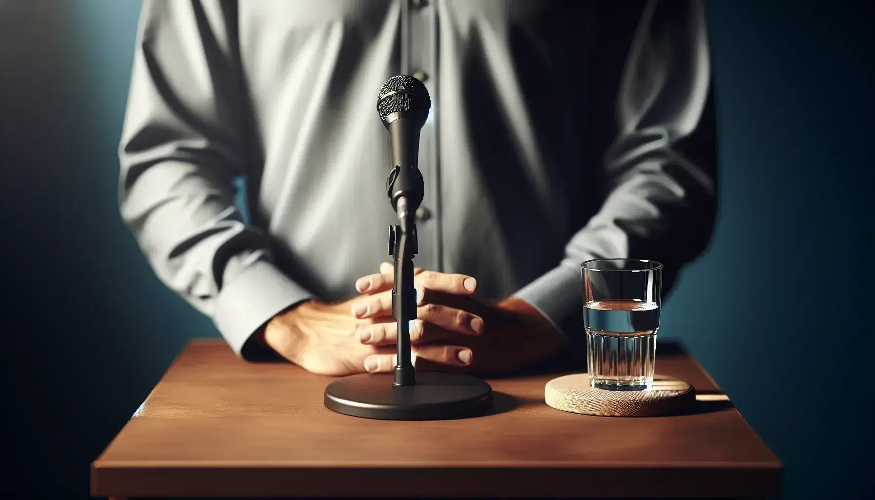 Primer plano de un podio de madera oscura con micrófono negro y vaso de agua, tras el cual se ven las manos y el torso de una persona con camisa azul claro.