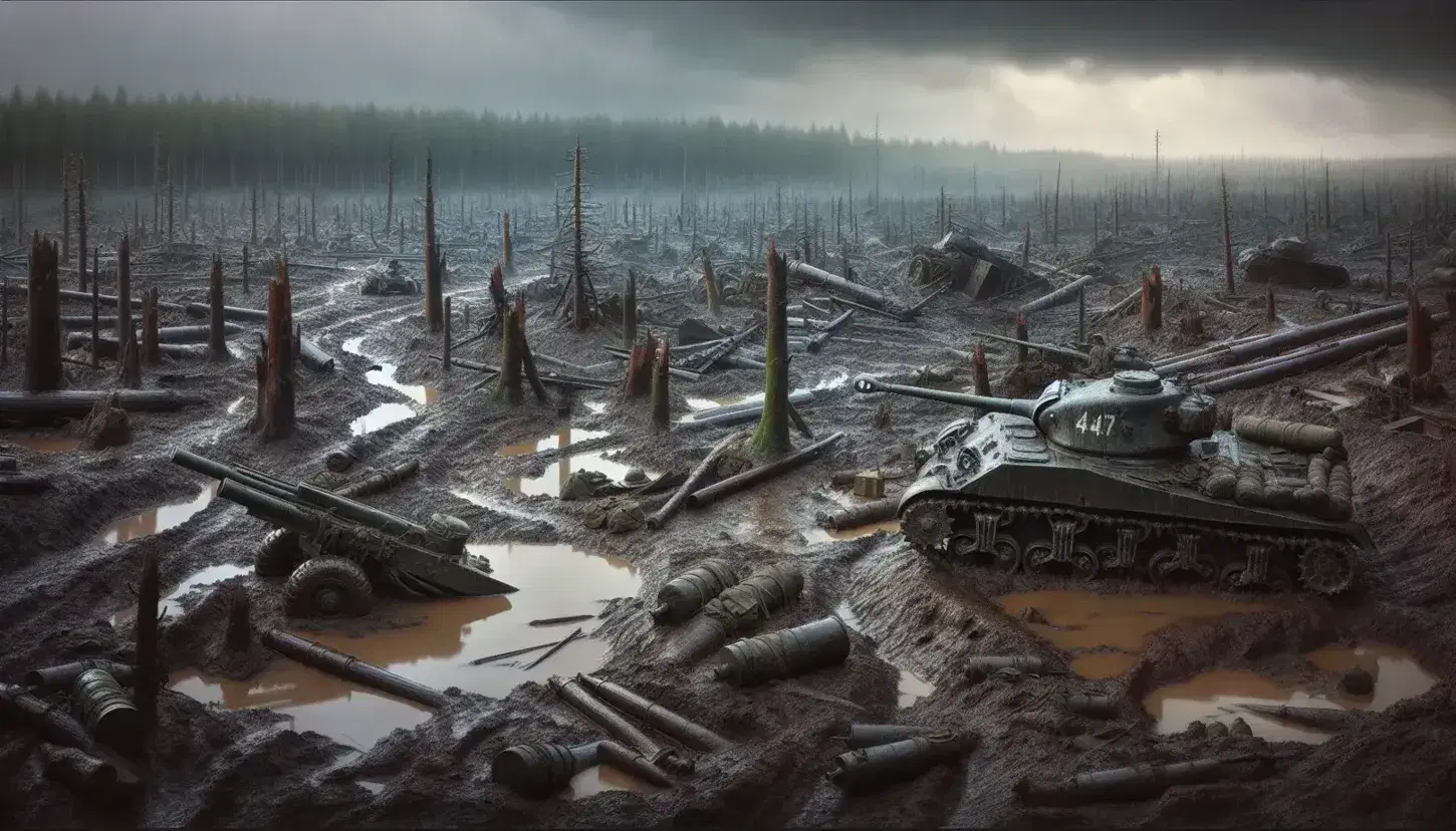 WWII battlefield with shell craters, a damaged tank, an abandoned field gun, and a devastated forest under a cloudy sky, evoking desolation.
