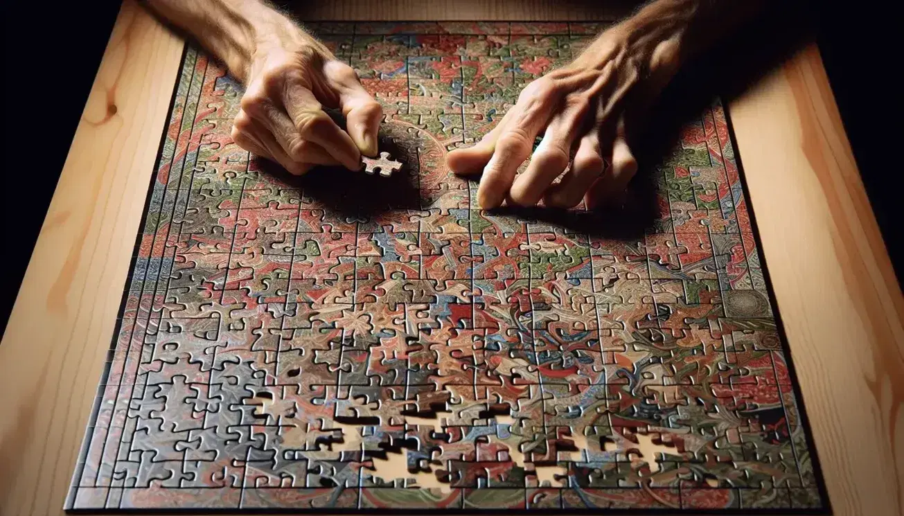 Hands fitting a piece into a colorful wooden puzzle, on a uniform surface, with attention to detail and bright colors.