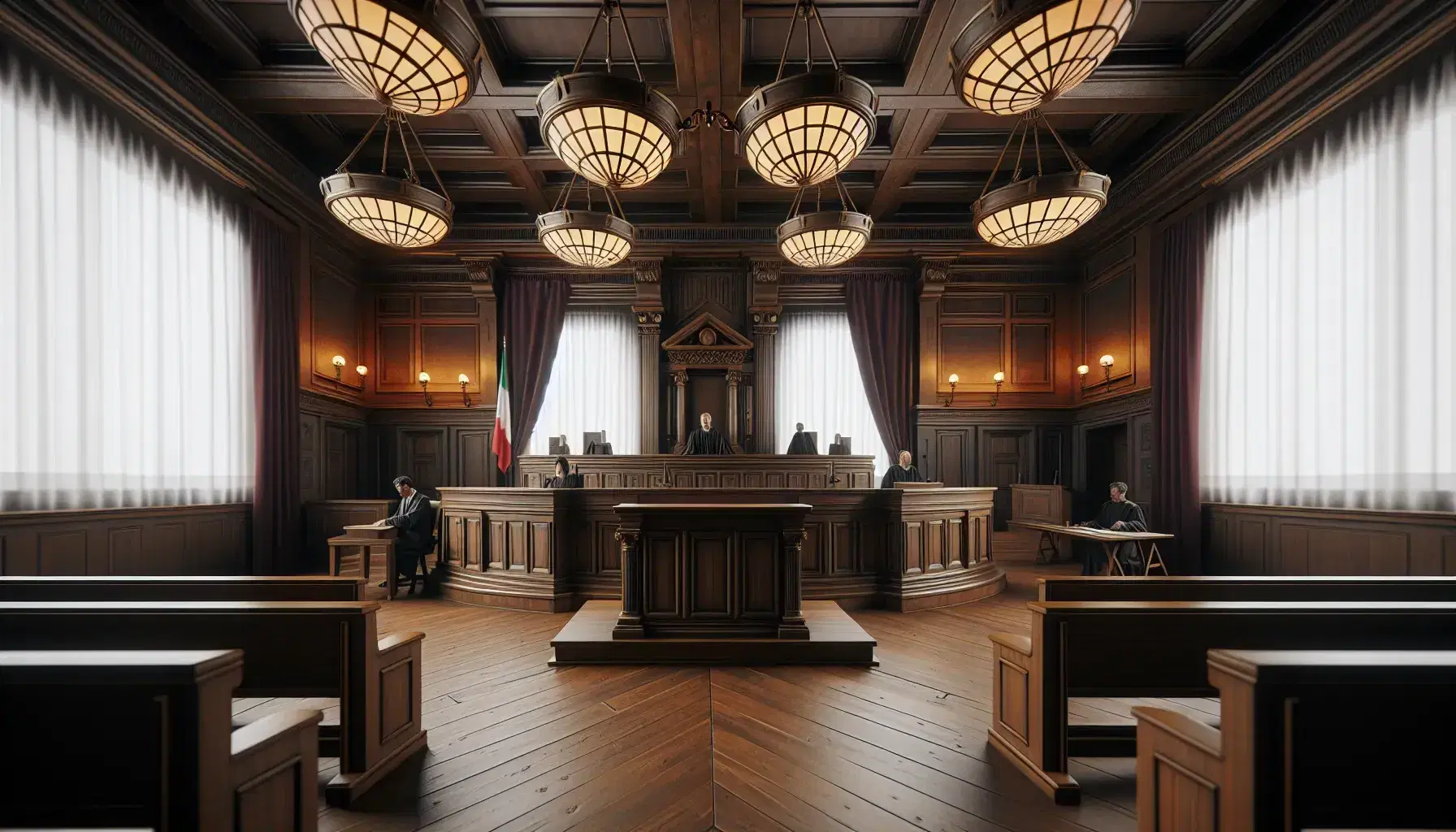 Aula di tribunale italiana con banco dei testimoni in legno scuro, giudice sfocato in toga nera e sedute pubbliche, illuminazione soffusa e tende rosse.