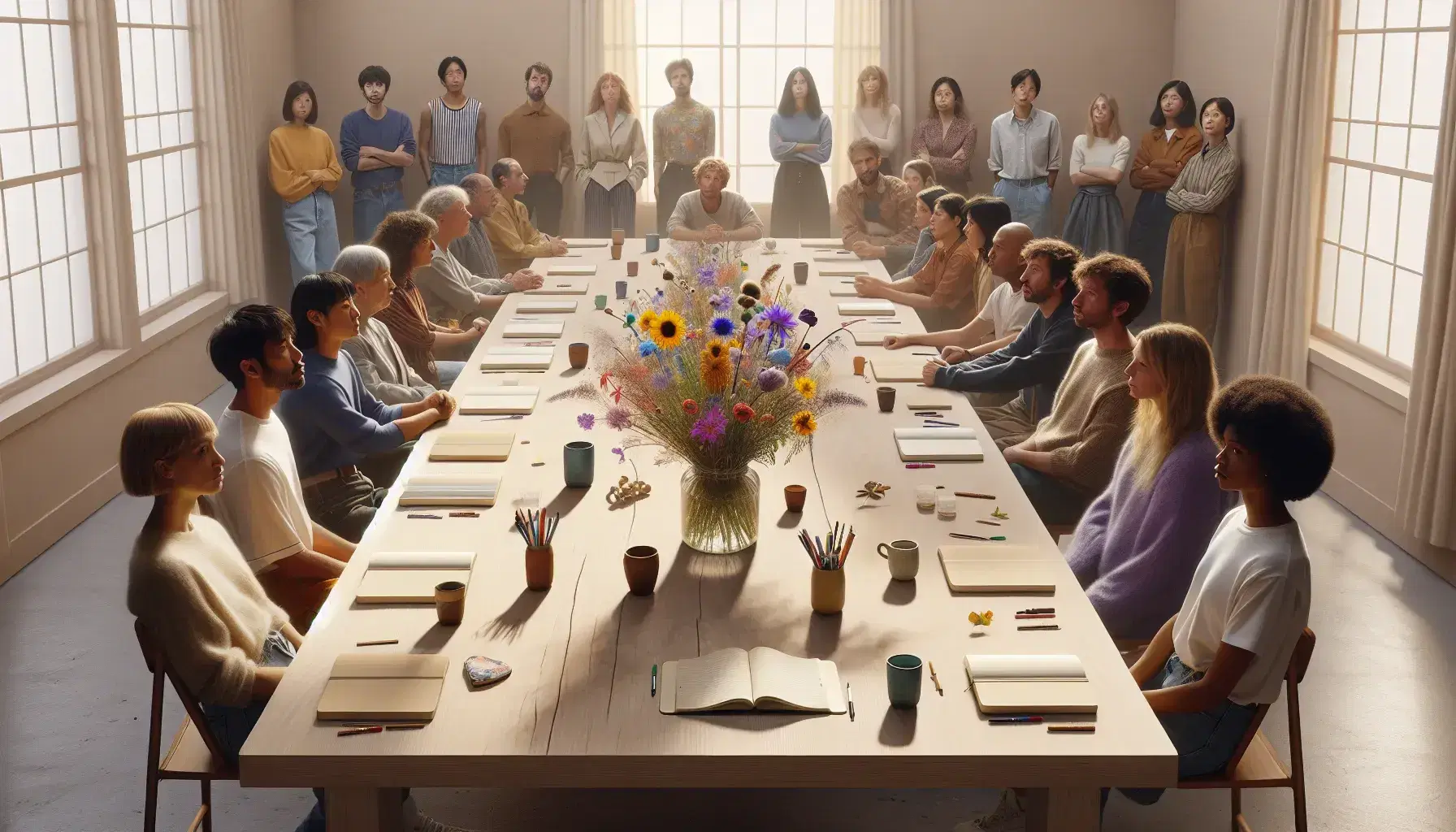 Grupo diverso de personas en reunión alrededor de una mesa con cuadernos, tazas de café y arreglo floral, en una sala iluminada naturalmente.