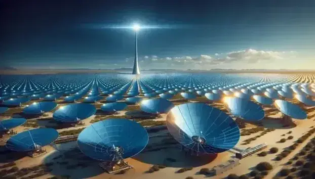 Campo di pannelli fotovoltaici e torre solare circondati da specchi parabolici in un paesaggio desertico sotto un cielo azzurro.