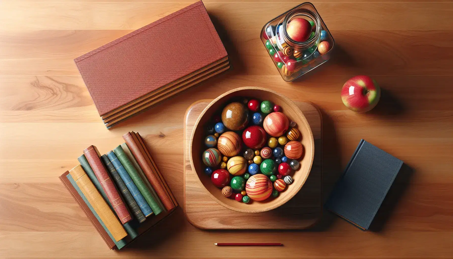 Wooden desk with jar of colorful marbles, stacked books, bowl of red apples, steel ruler and green plant in terracotta pot.