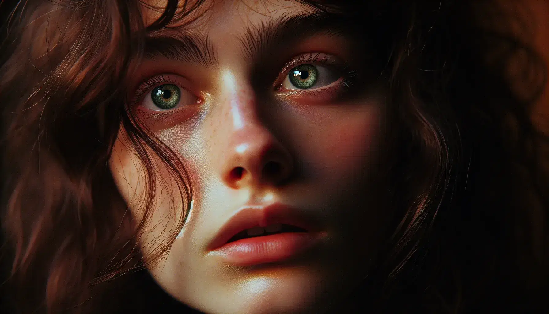 Volto umano in primo piano con emozione intensa, occhi verdi spalancati, sopracciglia arcuate, guance arrossate e capelli castani mossi.