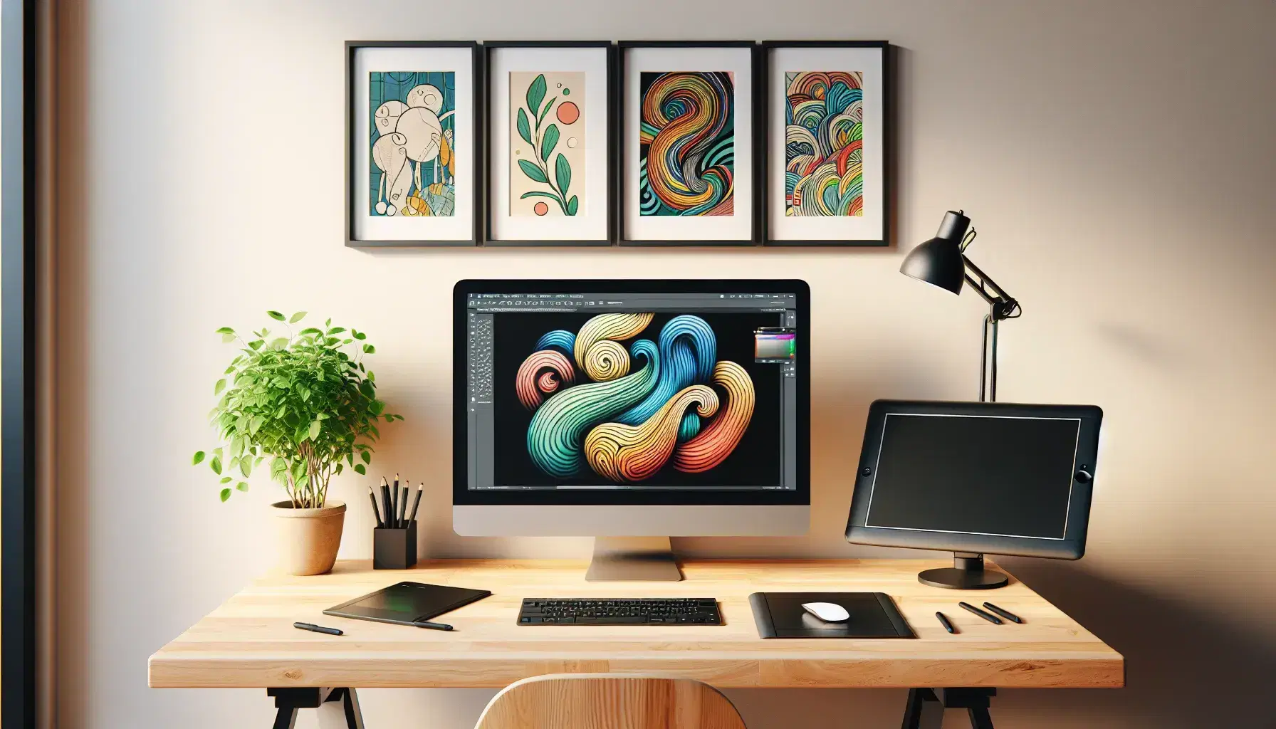 Bright home office with a wooden desk, modern computer setup, graphic tablet, stylus, colorful abstract wall art, green potted plant, and a cartoonish dog toy on the floor.