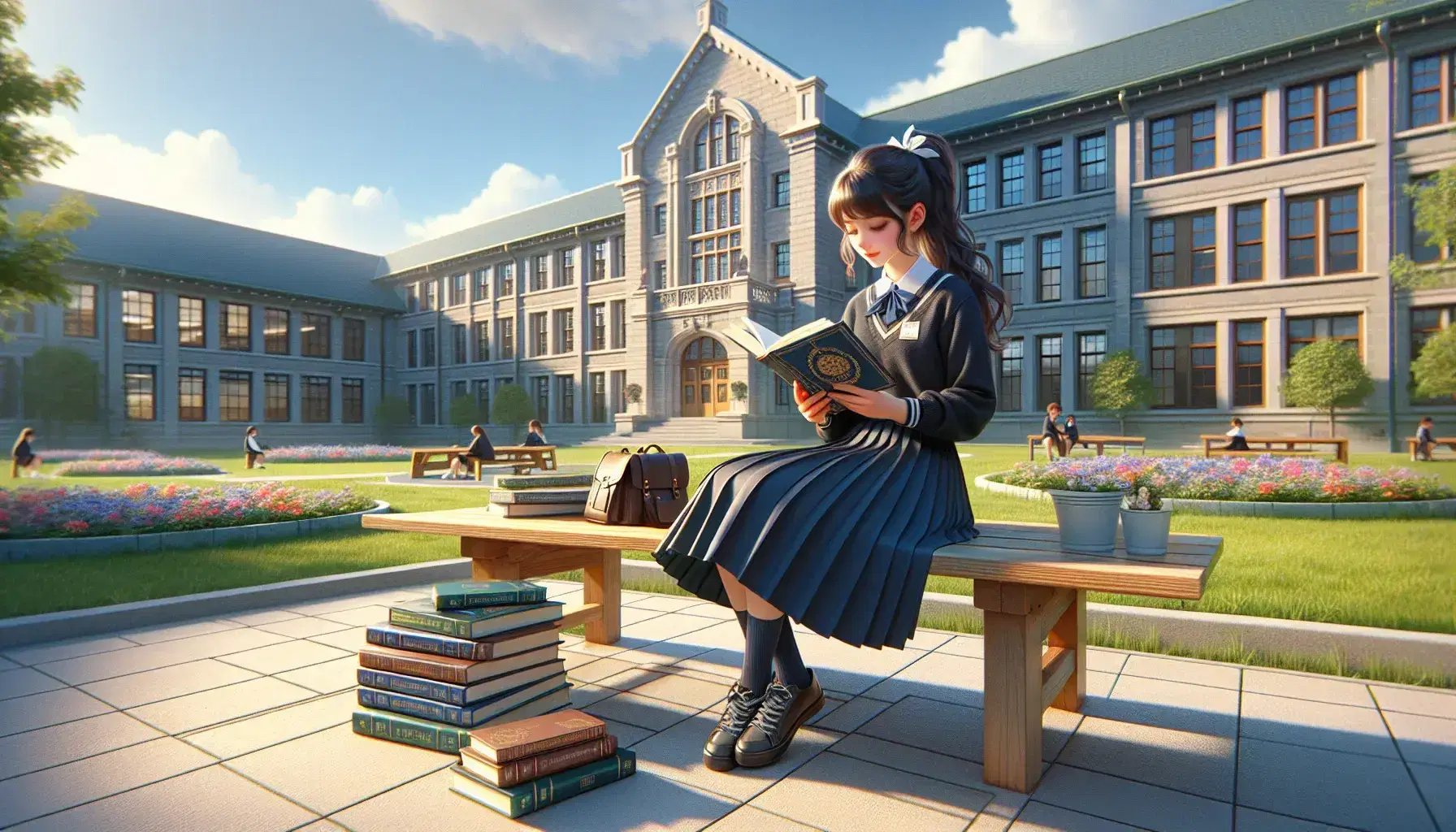 Ragazza con uniforme scolastica legge un libro su una panchina in cortile, con edificio scolastico classico e giardino fiorito sullo sfondo.