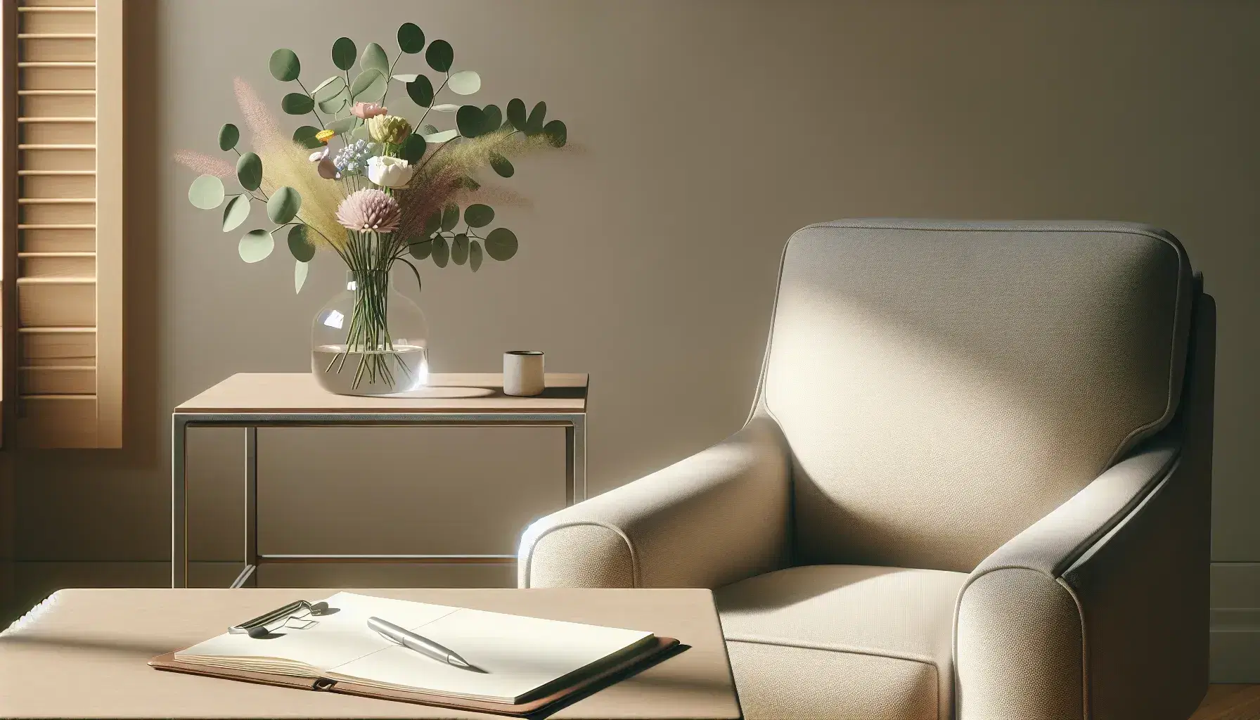 Relaxing therapy environment with beige armchair, wooden desk with flower vase, notebook, pen and green plant on parquet floor.