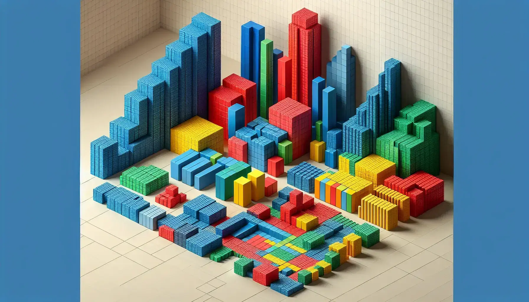 Blocchi colorati in forme di cubi, cuboidi e prismi triangolari disposti su superficie piana, con strutture a gradini e figure rettangolari.