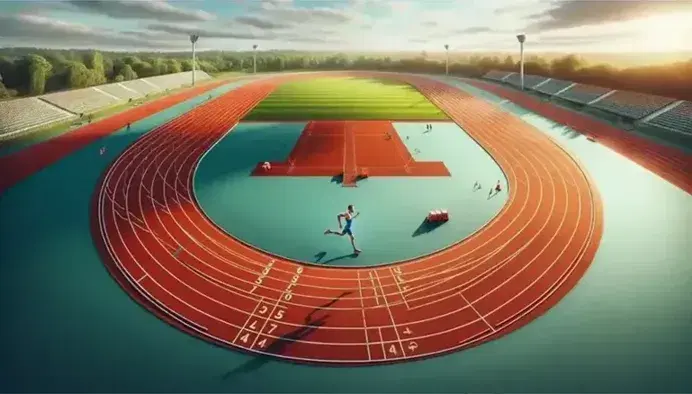 Pista di atletica con corsie curve rosse e linee bianche, atleta in maglia blu e pantaloncini neri corre al centro, campo verde e cielo azzurro.