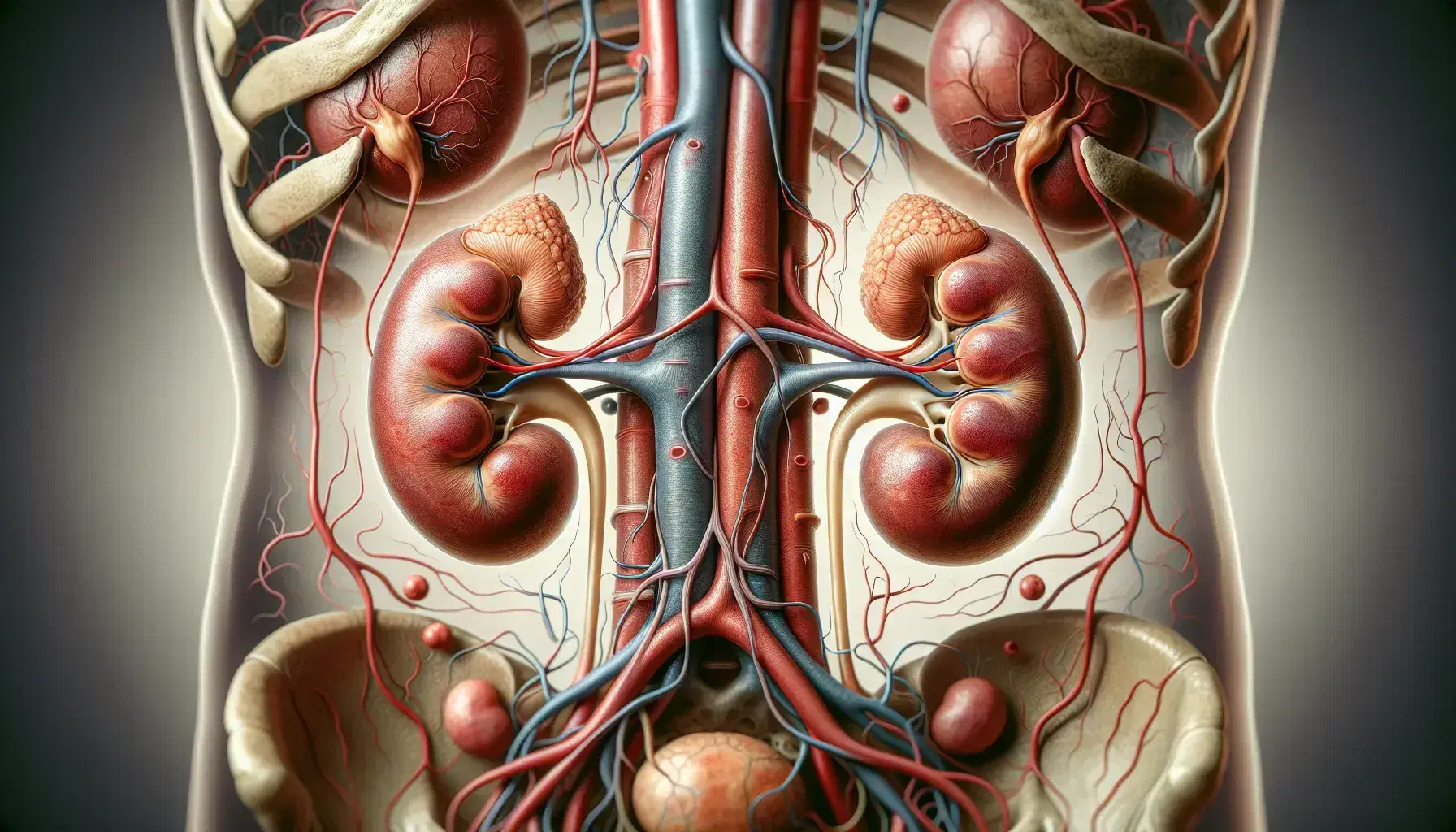 Vista anatómica detallada de riñones humanos con glándulas suprarrenales, ureteres y red de vasos sanguíneos, ubicados alrededor de la columna vertebral.