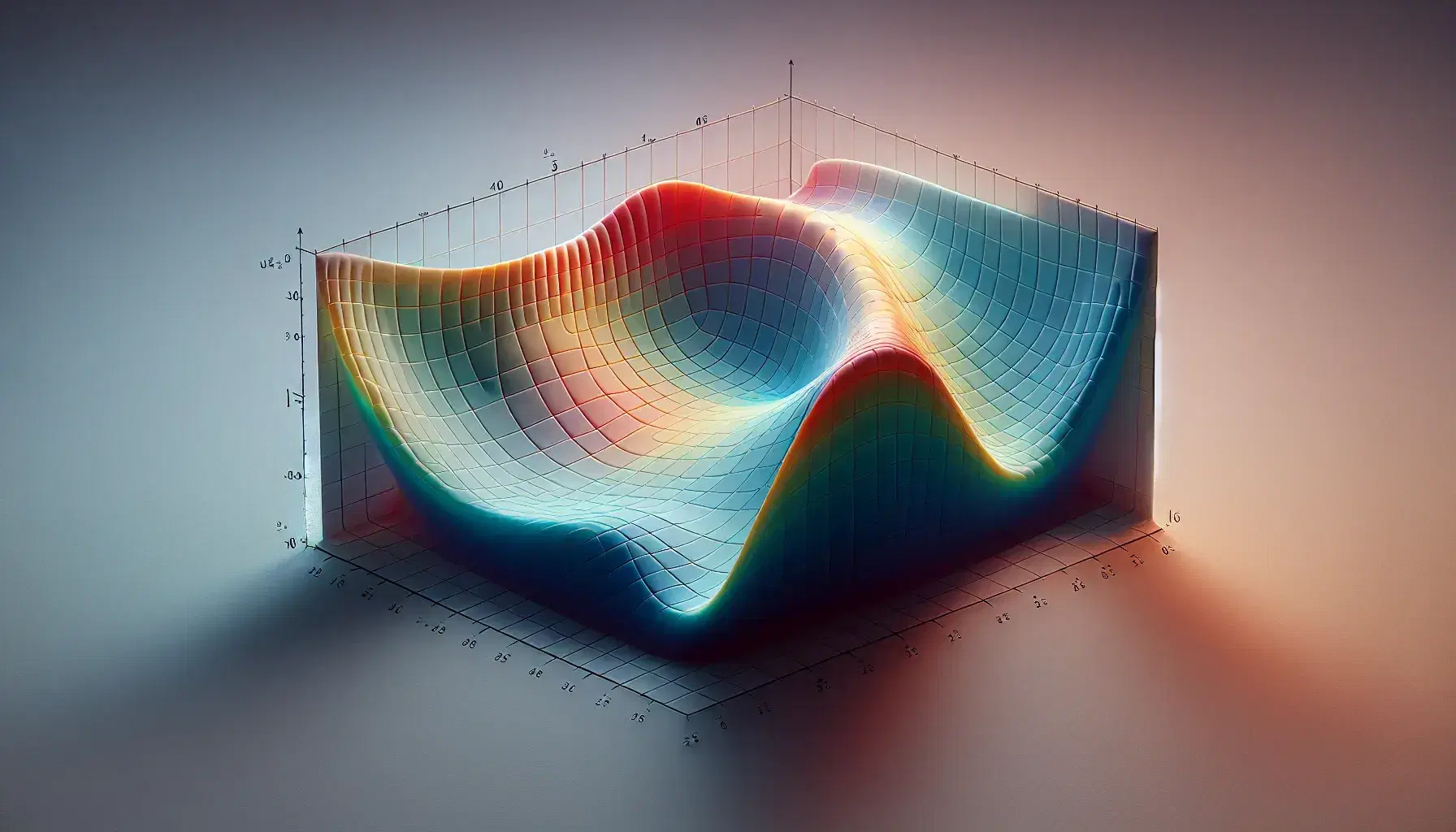 Three-dimensional graph with a color-gradient surface transitioning from blue to red, representing a partial differential equation solution on unlabeled axes.