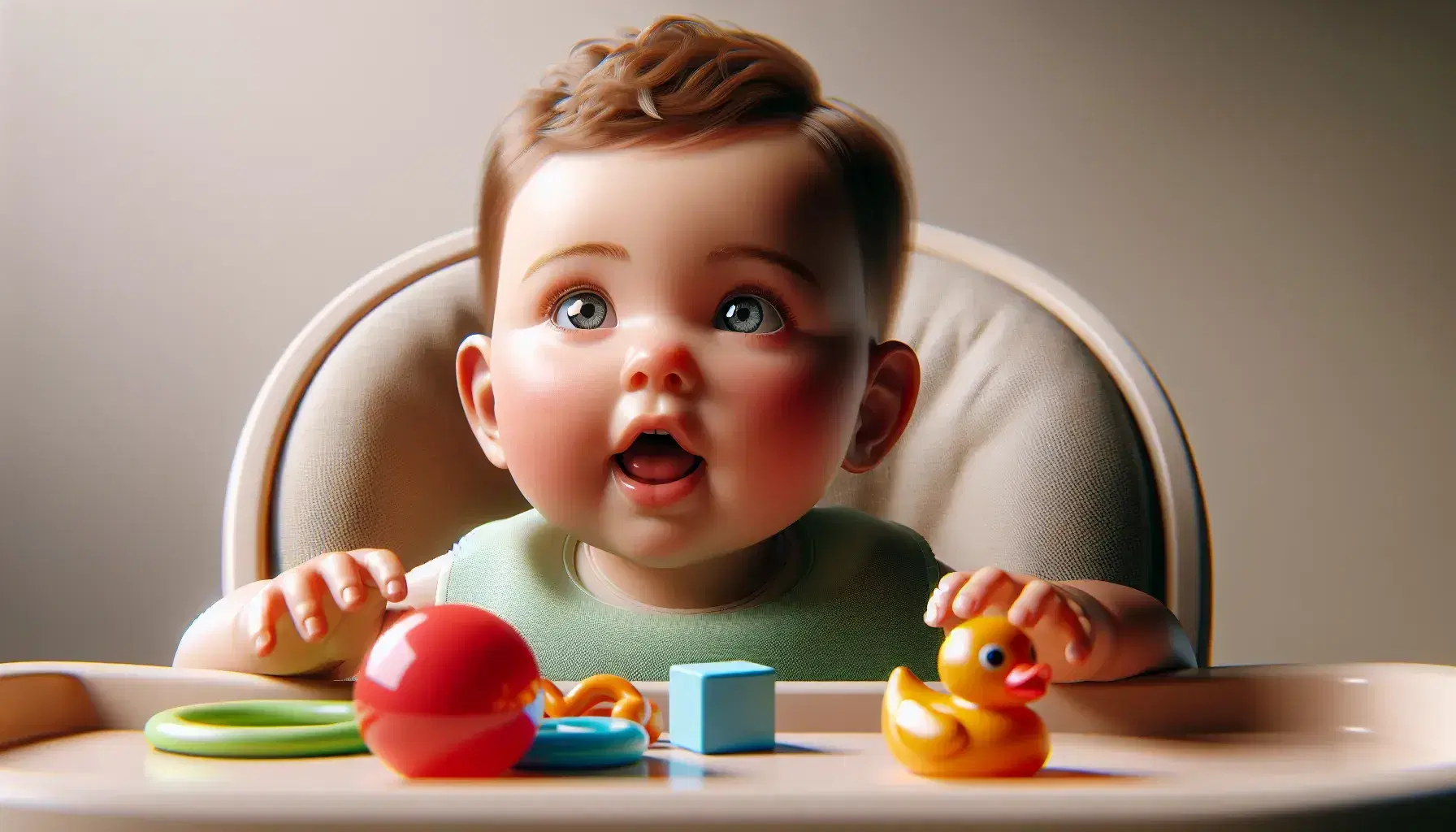 Baby in high chair reaching for yellow duck toy among colorful playthings, with open mouth and attentive gaze, wearing light green bib.