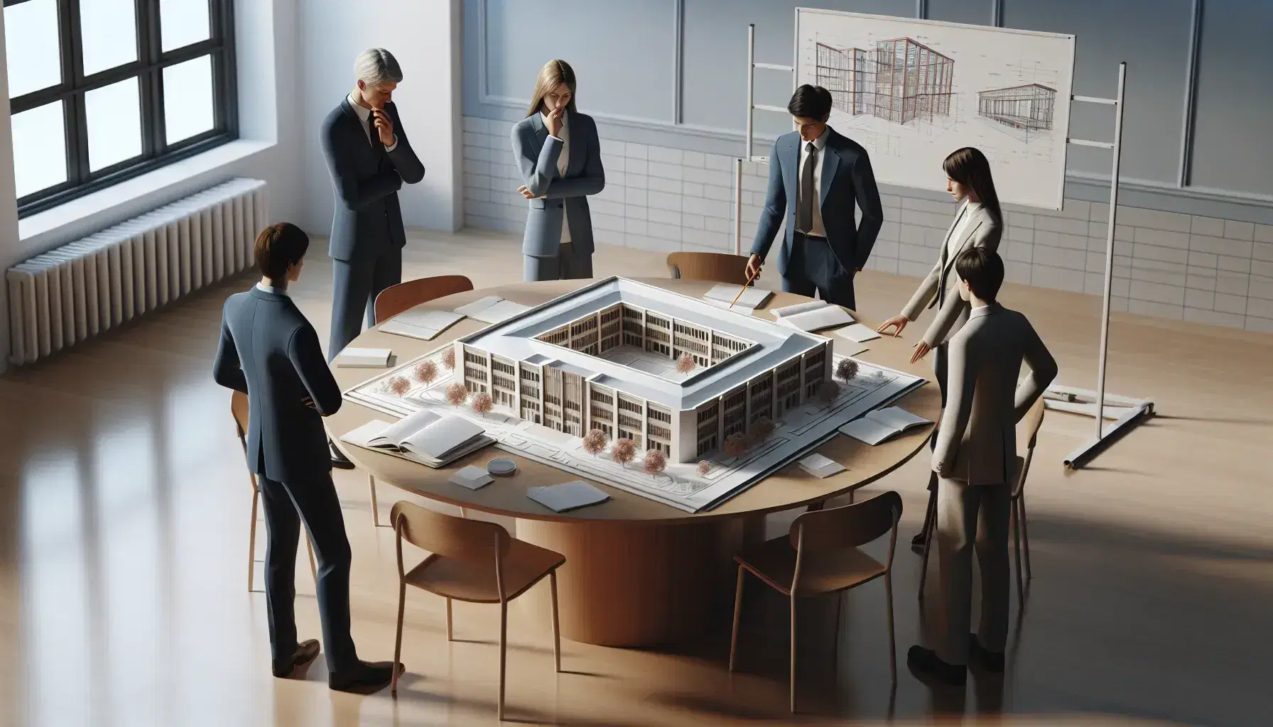 Grupo de cinco profesionales colaborando en la planificación de un edificio escolar, observando atentamente un modelo arquitectónico en una sala iluminada.