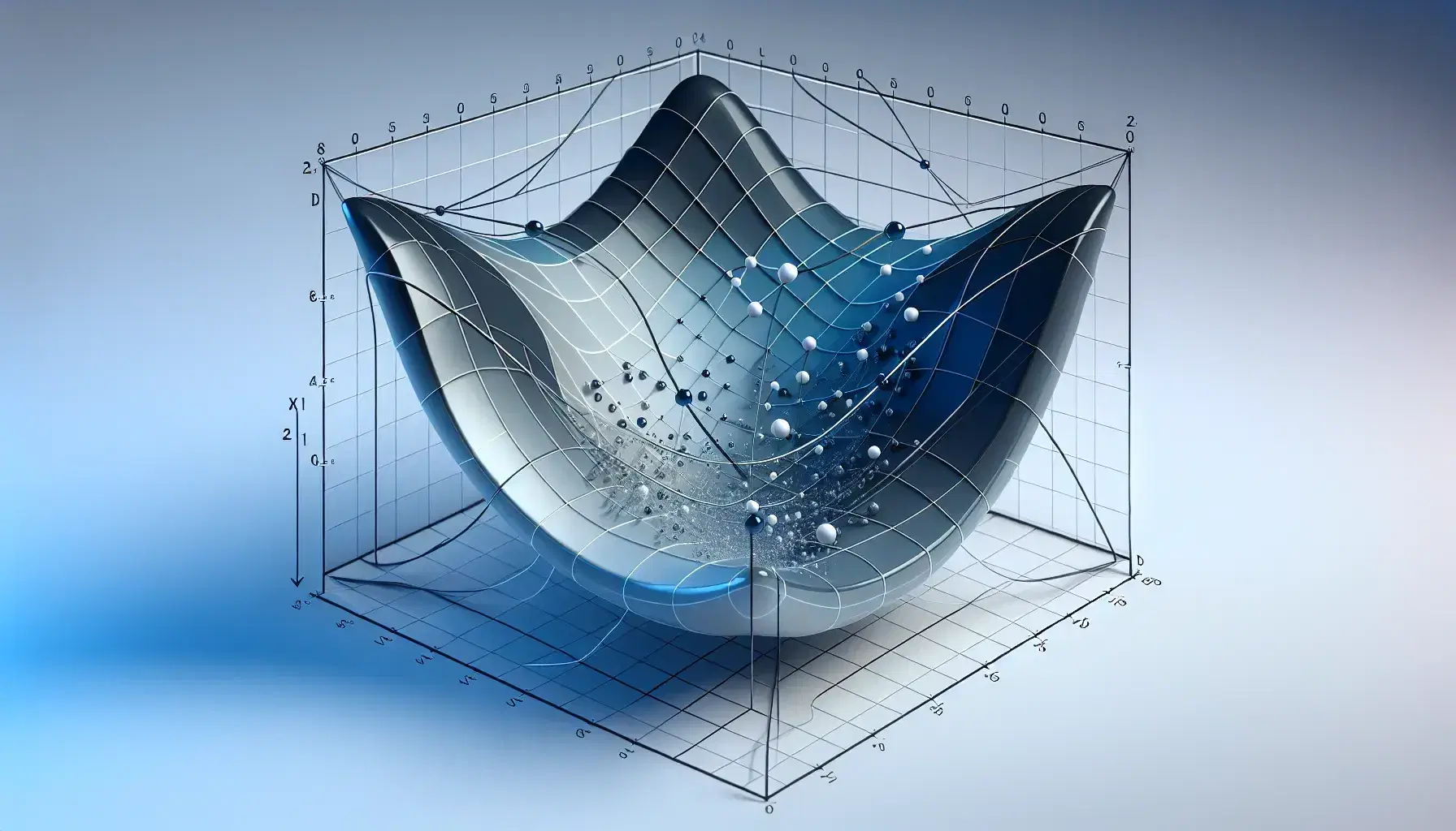 3D graph with a curved blue surface representing a mathematical function and a transparent polyhedron with white vertices on a gradient background.
