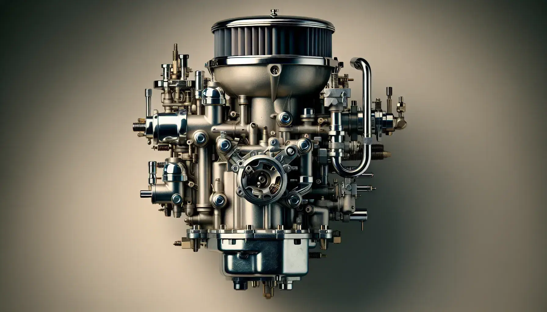 Classic carburetor of internal combustion engine, metal cylindrical body with filters and pipes, on neutral background.