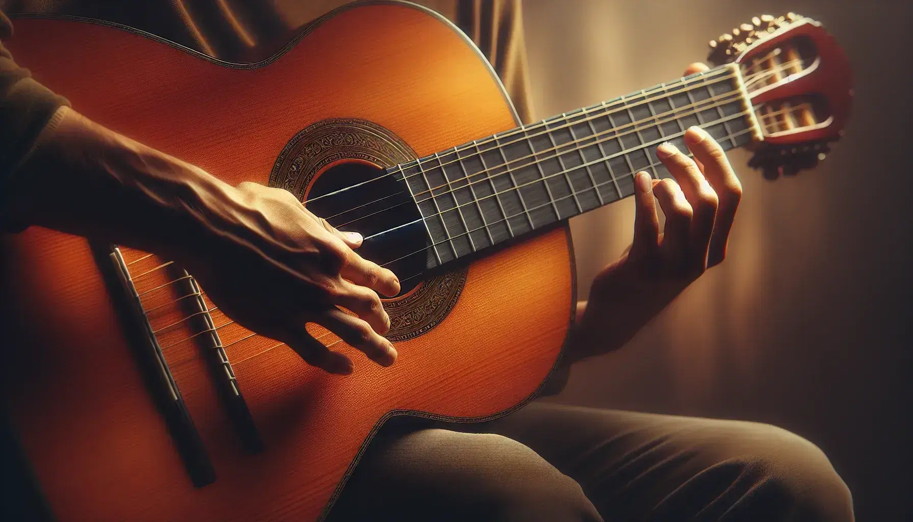Close-up view of hands playing a chord on a Spanish guitar with a glossy honey-colored top and visible wood grain on the fretboard.