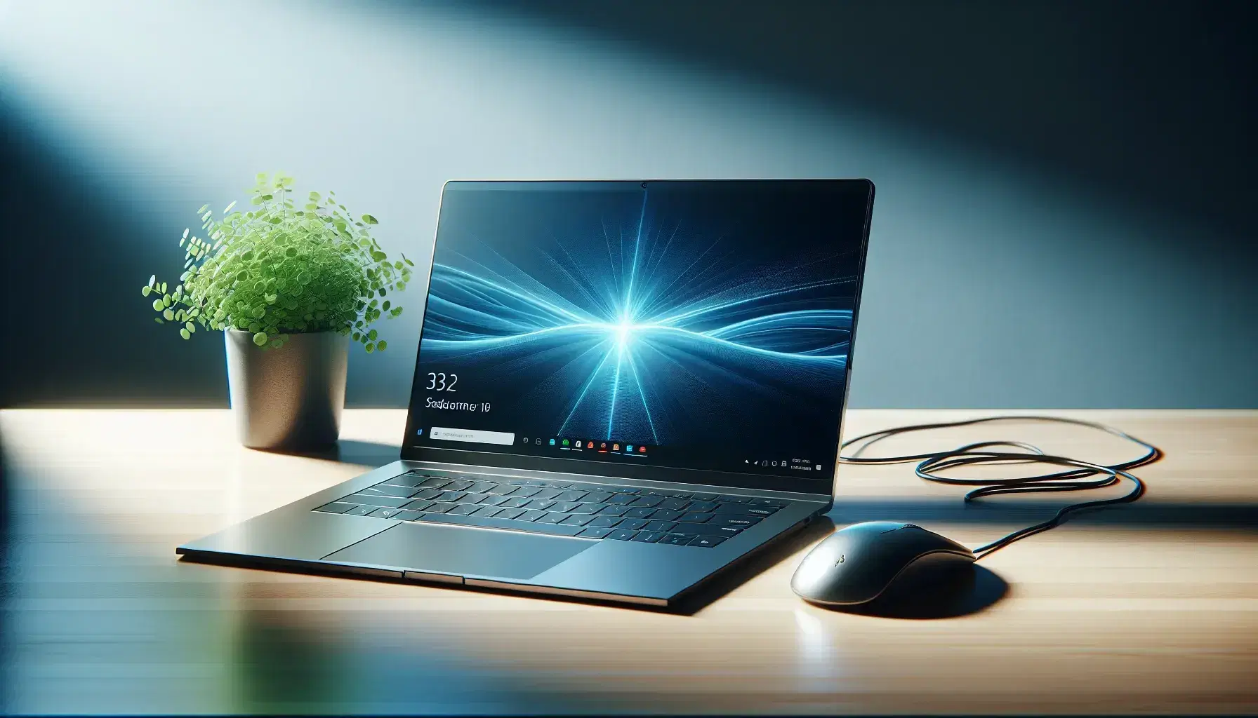 Modern laptop on light wooden desk with screen on blue background, neat mouse and green plant on the side, soft lighting.