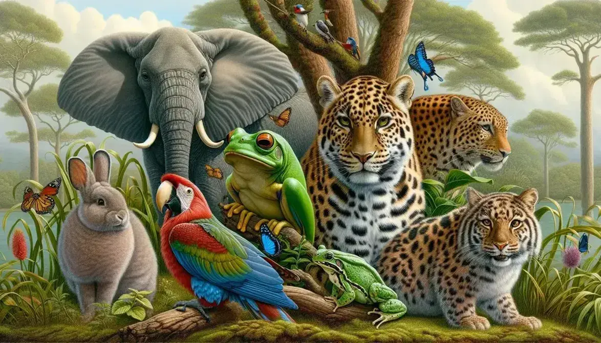 Vibrant parrot on a branch, alert rabbit on grass, crouching leopard, green frog on a plant, elephant by a tree, and butterfly near flowers in a sunny ecosystem.