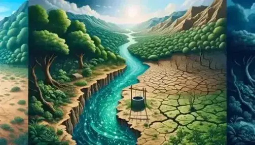 Paesaggio contrastante con fiume e vegetazione rigogliosa nella parte superiore e terreno arido con crepe e pozzo nella parte inferiore.