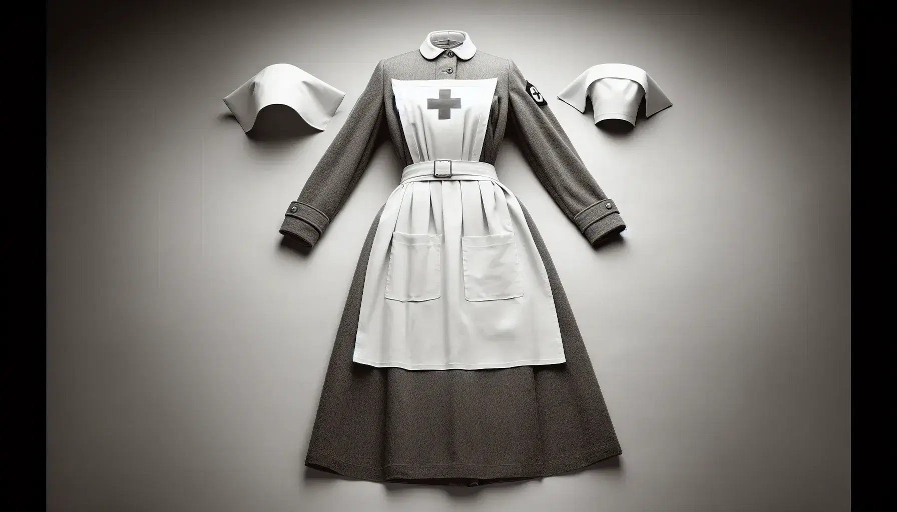 World War I nurse uniform with gray dress, white apron featuring red cross, and starched white cap on light background.