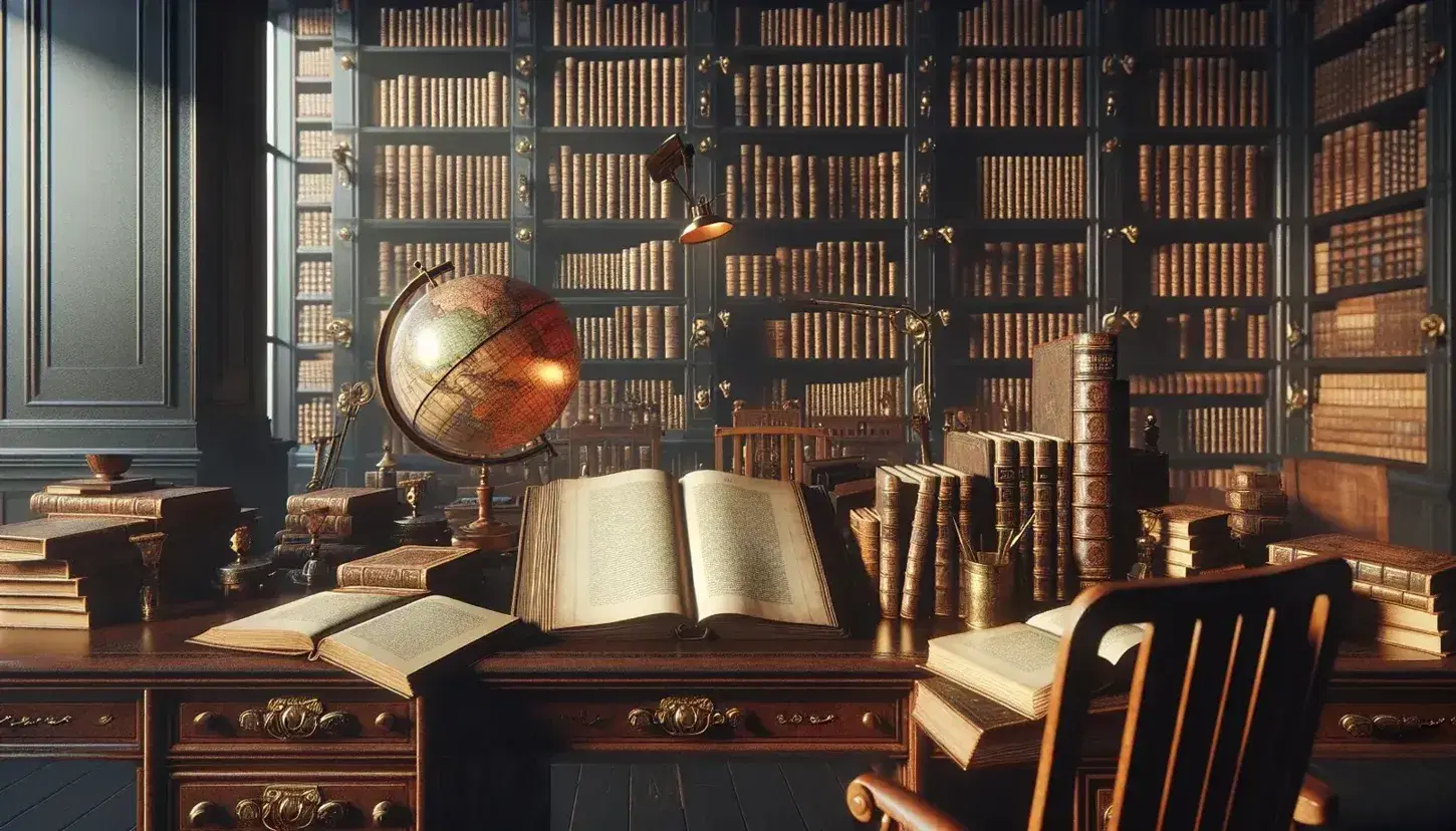 Biblioteca antica con scrivania in legno scuro, libri impilati, lampada da tavolo ambrata e mappamondo, scaffali colmi di volumi e scala.