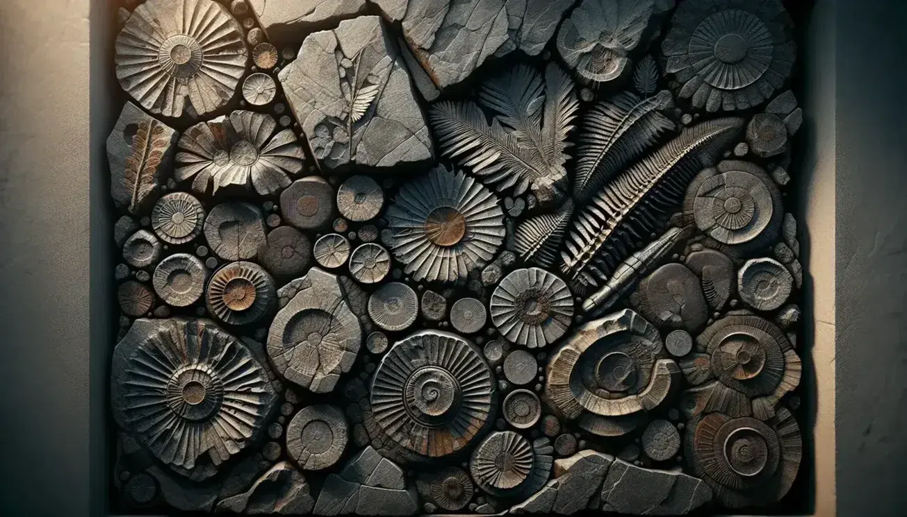 Fósiles de plantas antiguas con hojas venosas y tallos segmentados incrustados en roca gris oscura, destacando una estructura roseta central.