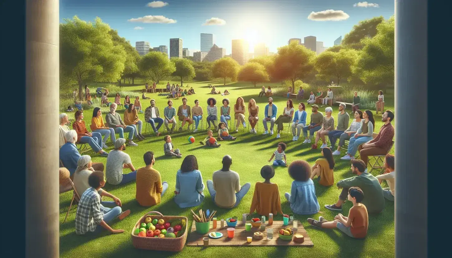 Grupo diverso de personas sonriendo en reunión al aire libre con árboles verdes, cielo azul y picnic, niño jugando con pelota.