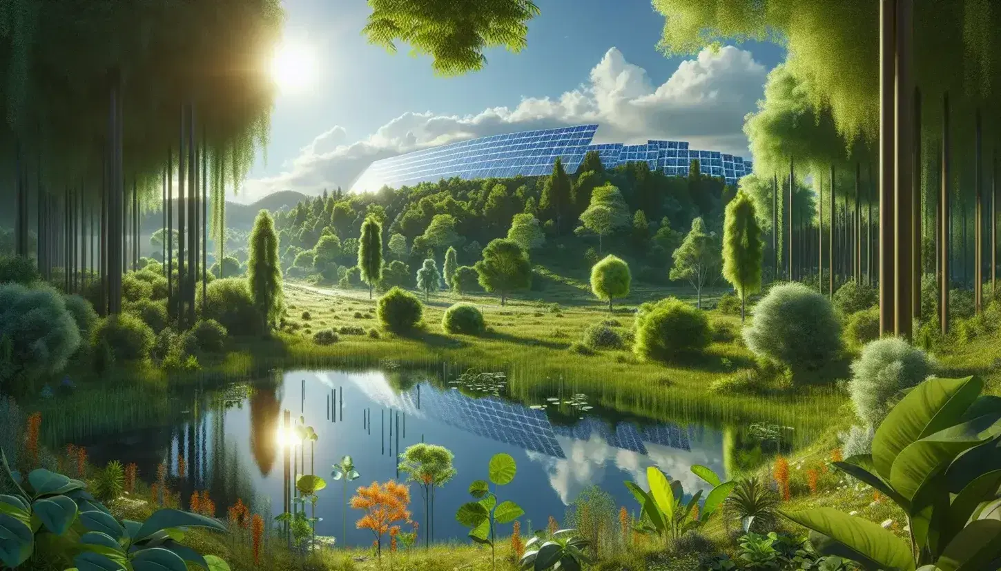 Paisaje natural con estanque reflejando el cielo azul, vegetación frondosa y colinas con paneles solares en un día soleado.