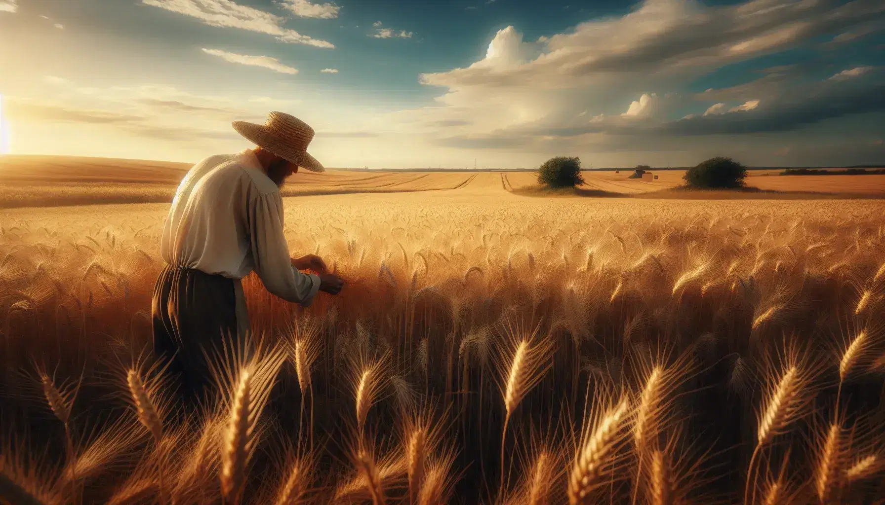 Campo di grano dorato con contadino che esamina spighe e tiene una falce, sotto un cielo azzurro con nuvole sparse.
