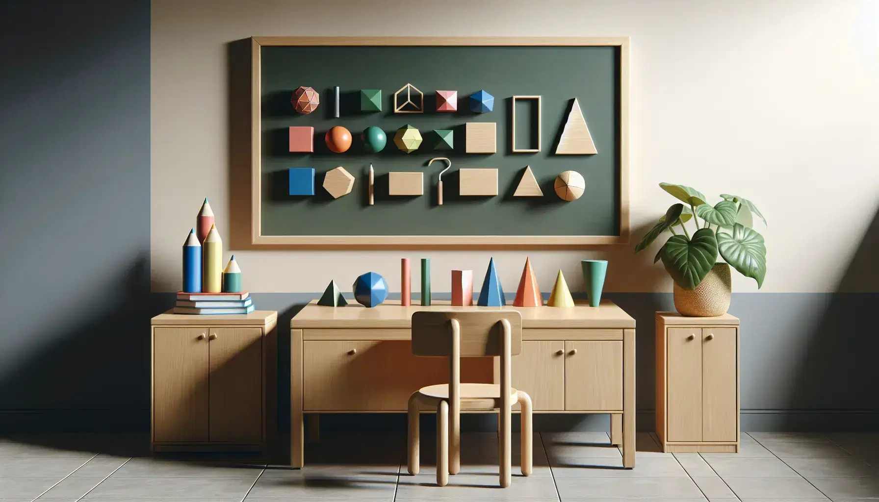 Classroom with wooden teacher's desk displaying colorful geometric shapes, a clean chalkboard, potted plant, and a window with a view of a blue sky.