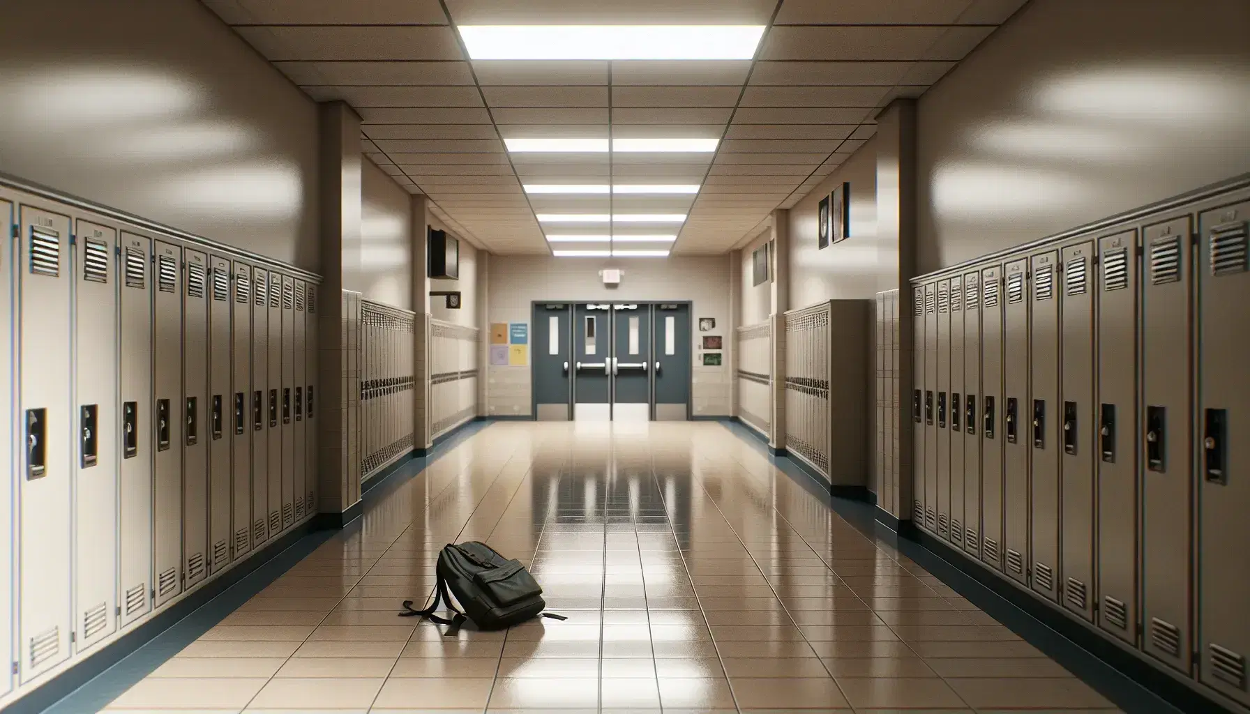 Empty school corridor with closed lockers, beige shiny floor, light walls and dark backpack leaning on a locker, closed doors at the end.