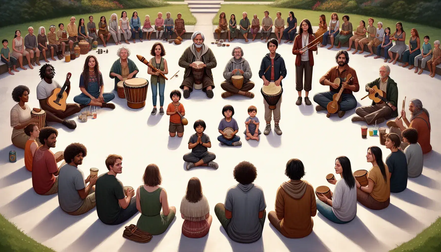 Grupo diverso de personas tocando instrumentos musicales tradicionales en un parque, con un niño y una mujer mayor en el centro, rodeados de vegetación.