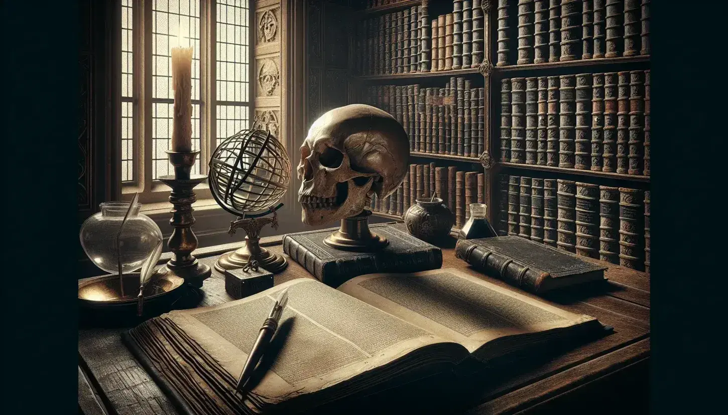 Biblioteca antica con scrivania in legno, sfera armillare in ottone, libro aperto, calamaio con penna e teschio umano, in un ambiente ricco di ombre.