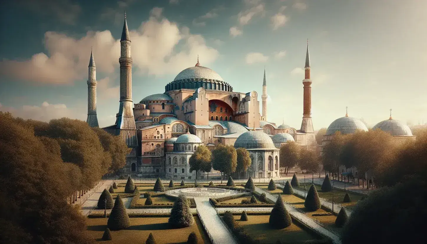Panoramic view of Hagia Sophia with its grand dome, flanking semi-domes, and four minarets against a clear blue sky, surrounded by a lush green lawn.