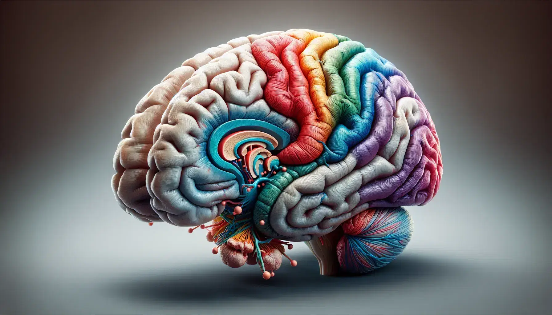 Representación anatómica tridimensional y a color del cerebro humano, destacando el sistema límbico con el hipocampo, la amígdala y el tálamo en tonos vivos.